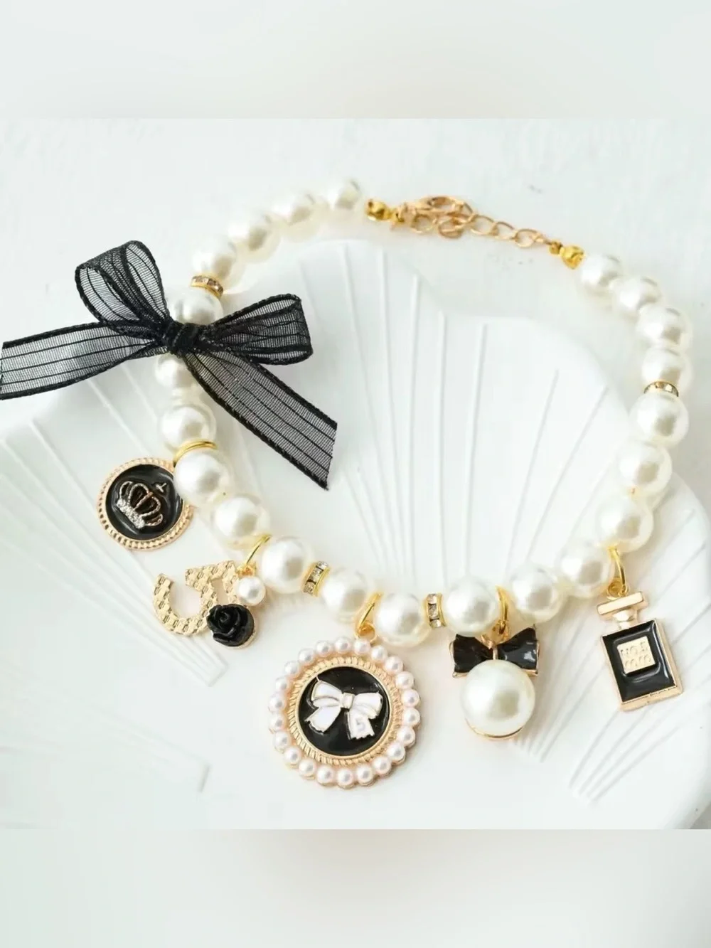 Cute Pearl Dog Cat Collar Necklace Black and Gold Charms Pet Jewelry Adjustable